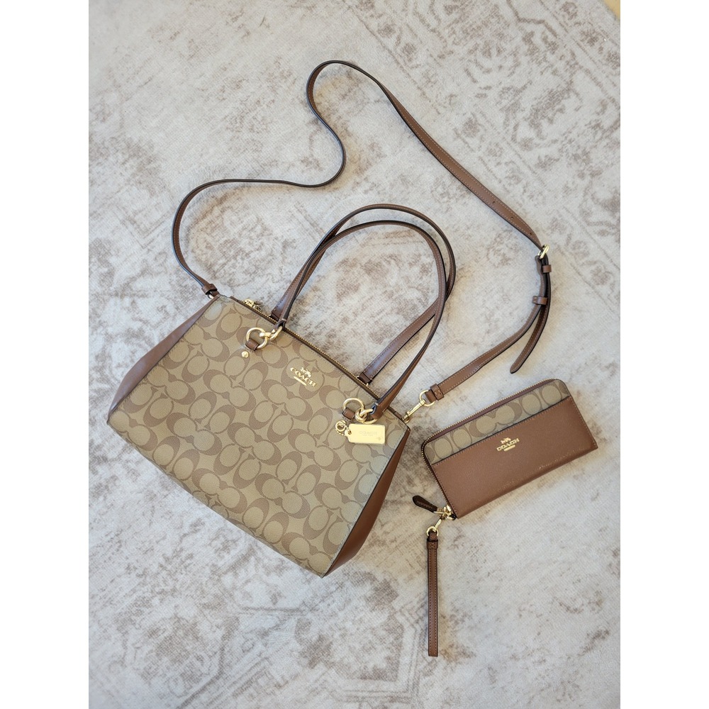 Coach Bennett Signature Satchel & Matching Zip Accordion Wallet Khaki Saddle